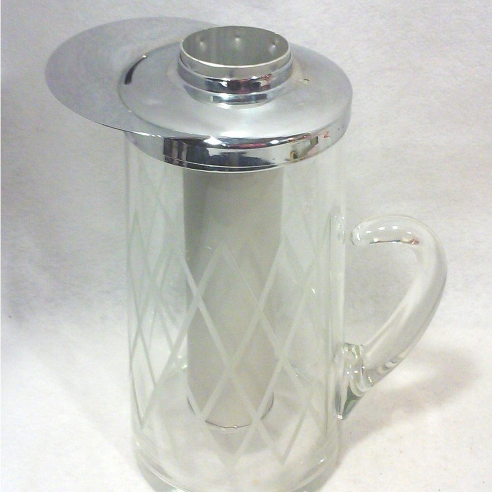 Vintage 40s Era Etched Glass Water Pitcher Chiller